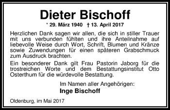 Traueranzeige von Dieter Bischoff von Nordwest-Zeitung