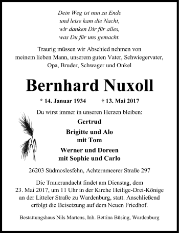 Traueranzeige von Bernhard Nuxoll von Nordwest-Zeitung