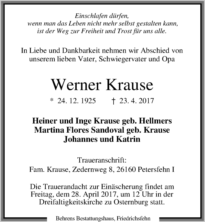  Traueranzeige für Werner Krause vom 26.04.2017 aus Nordwest-Zeitung