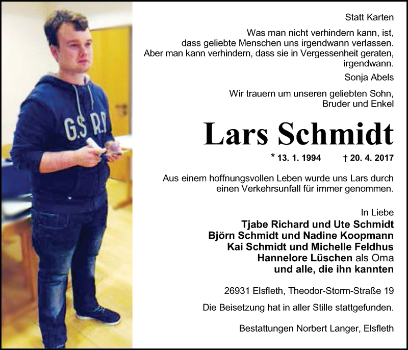  Traueranzeige für Lars Schmidt vom 06.05.2017 aus Nordwest-Zeitung