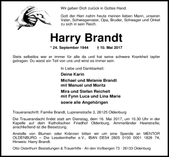 Traueranzeige von Harry Brandt von Nordwest-Zeitung