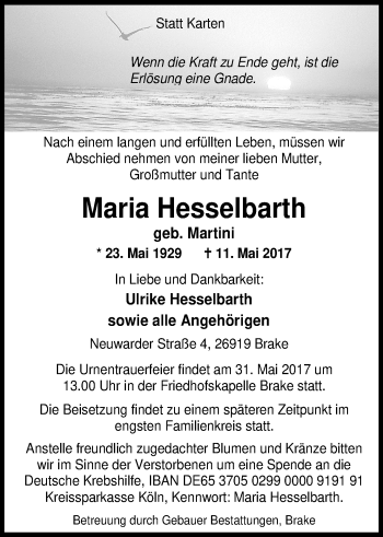 Traueranzeige von Maria Hesselbarth von Nordwest-Zeitung