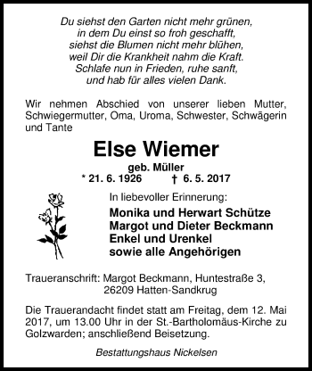 Traueranzeige von Else Wiemer von Nordwest-Zeitung