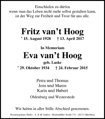 Traueranzeige von Eva van’t Hoog von Nordwest-Zeitung
