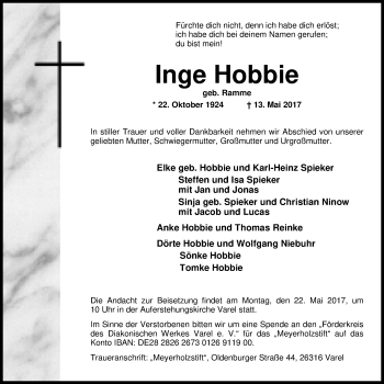 Traueranzeige von Inge Hobbie von Nordwest-Zeitung