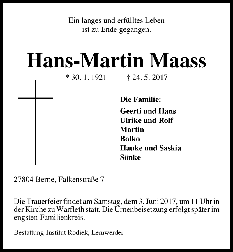  Traueranzeige für Hans-Martin Maass vom 29.05.2017 aus Nordwest-Zeitung
