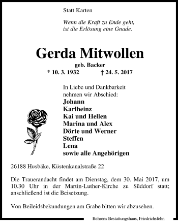 Traueranzeige von Gerda Mitwollen von Nordwest-Zeitung
