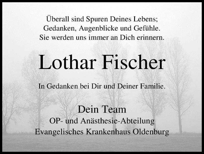  Traueranzeige für Lothar Fischer vom 18.05.2017 aus Nordwest-Zeitung