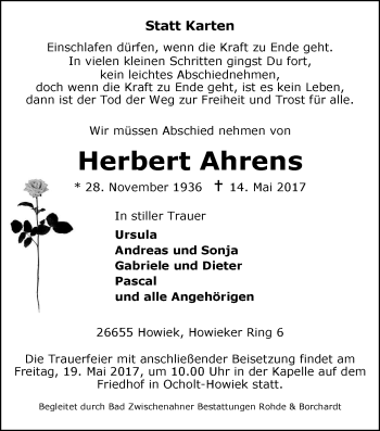 Traueranzeige von Herbert Ahrens von Nordwest-Zeitung