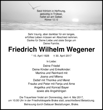 Traueranzeige von Friedrich Wilhelm Wegener von Nordwest-Zeitung
