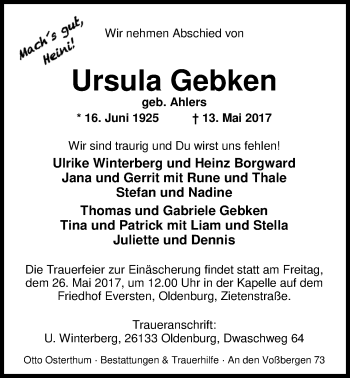 Traueranzeige von Ursula Gebken von Nordwest-Zeitung