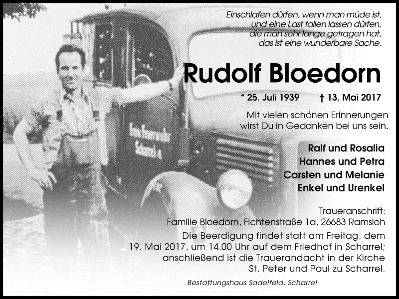  Traueranzeige für Rudolf Bloedorn vom 16.05.2017 aus Nordwest-Zeitung