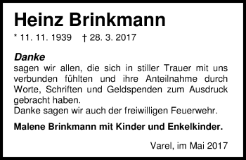 Traueranzeige von Heinz Brinkmann von Nordwest-Zeitung