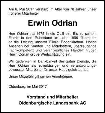 Traueranzeige von Erwin Odrian von Nordwest-Zeitung