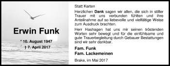 Traueranzeige von Erwin Funk von Nordwest-Zeitung