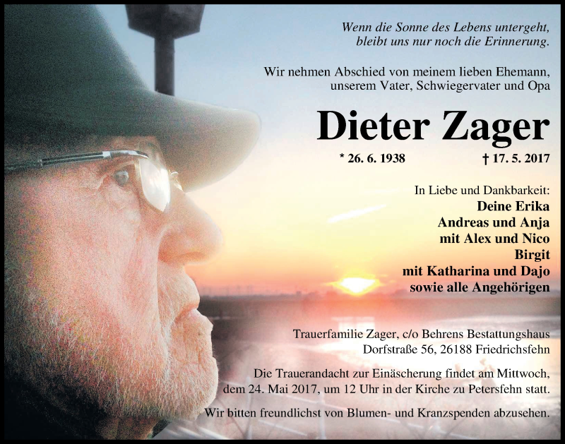  Traueranzeige für Dieter Zager vom 20.05.2017 aus Nordwest-Zeitung