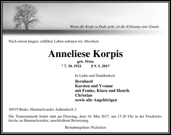 Traueranzeige von Anneliese Korpis von Nordwest-Zeitung