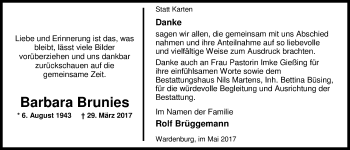 Traueranzeige von Barbara Brunies von Nordwest-Zeitung