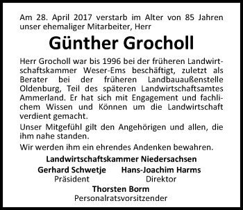 Traueranzeige von Günther Grocholl von Nordwest-Zeitung