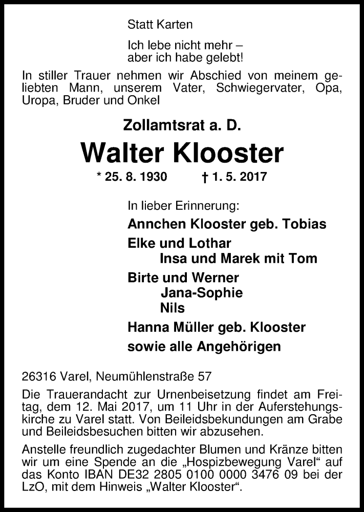  Traueranzeige für Walter Klooster vom 06.05.2017 aus Nordwest-Zeitung