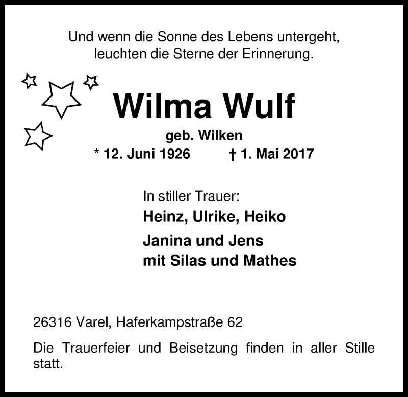  Traueranzeige für Wilma Wulf vom 06.05.2017 aus Nordwest-Zeitung