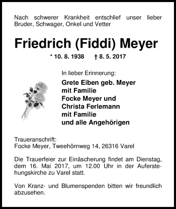 Traueranzeige von Friedrich (Fiddi) Meyer von Nordwest-Zeitung