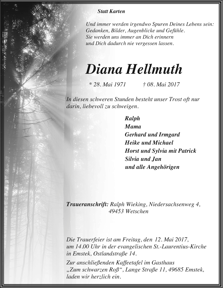  Traueranzeige für Diana Hellmuth vom 11.05.2017 aus Nordwest-Zeitung