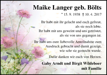 Traueranzeige von Maike Langer von Nordwest-Zeitung