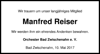 Traueranzeige von Manfred Reiser von Nordwest-Zeitung
