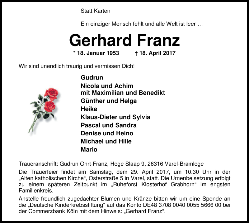  Traueranzeige für Gerhard Franz vom 26.04.2017 aus Nordwest-Zeitung