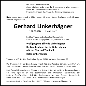 Traueranzeige von Gerhard Linkerhägner von Nordwest-Zeitung