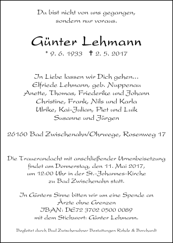 Traueranzeige von Günter Lehmann von Nordwest-Zeitung