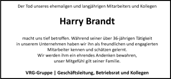 Traueranzeige von Harry Brandt von Nordwest-Zeitung