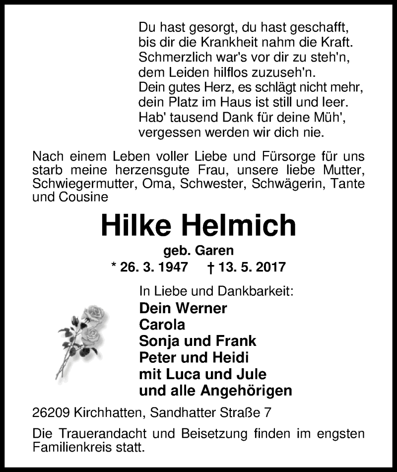 Traueranzeige für Hilke Helmich vom 15.05.2017 aus Nordwest-Zeitung