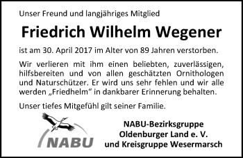 Traueranzeige von Friedrich-Wilhelm Wegener von Nordwest-Zeitung