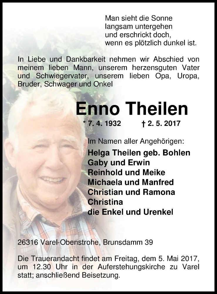  Traueranzeige für Enno Theilen vom 03.05.2017 aus Nordwest-Zeitung