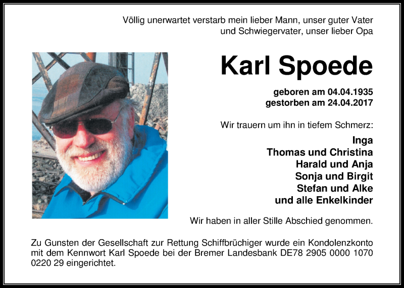  Traueranzeige für Karl Spoede vom 06.05.2017 aus Nordwest-Zeitung