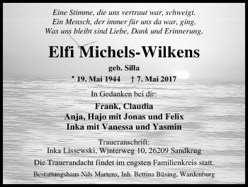 Traueranzeige von Elfi Michels-Wilkens von Nordwest-Zeitung