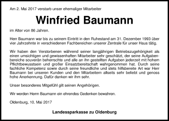 Traueranzeige von Winfried Baumann von Nordwest-Zeitung