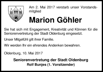Traueranzeige von Marion Göhler von Nordwest-Zeitung