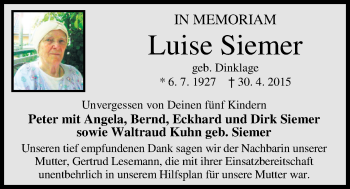 Traueranzeige von Luise Siemer von Nordwest-Zeitung