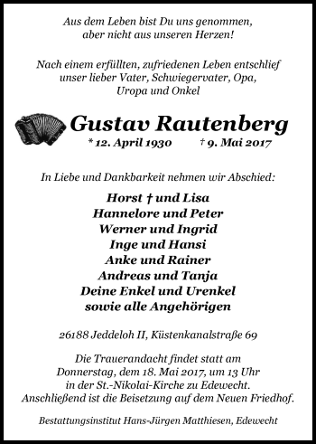 Traueranzeige von Gustav Rautenberg von Nordwest-Zeitung