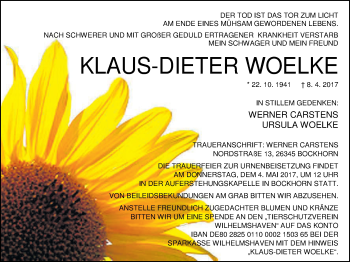 Traueranzeige von Klaus-Dieter Woelke von Nordwest-Zeitung