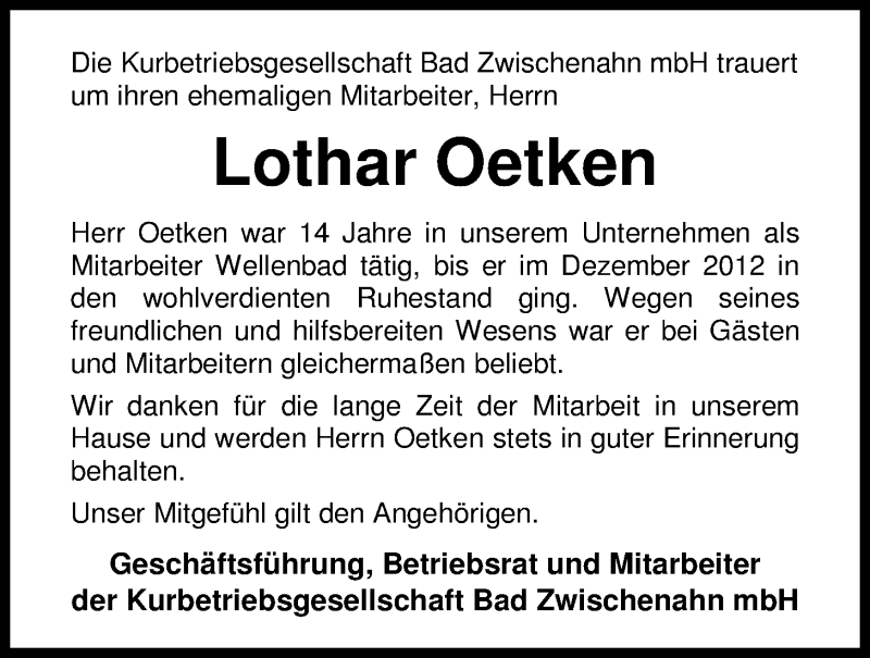  Traueranzeige für Lothar Oetken vom 27.05.2017 aus Nordwest-Zeitung