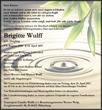 Traueranzeige von Brigitte Wulff von Nordwest-Zeitung