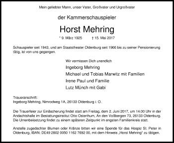 Traueranzeige von Horst Mehring von Nordwest-Zeitung