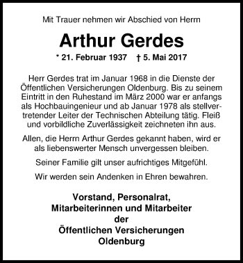 Traueranzeige von Arthur Gerdes von Nordwest-Zeitung