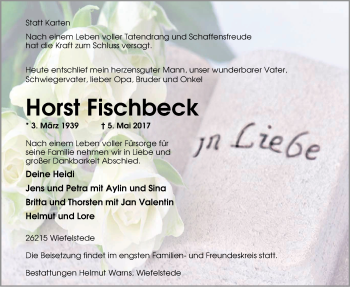 Traueranzeige von Horst Fischbeck von Nordwest-Zeitung