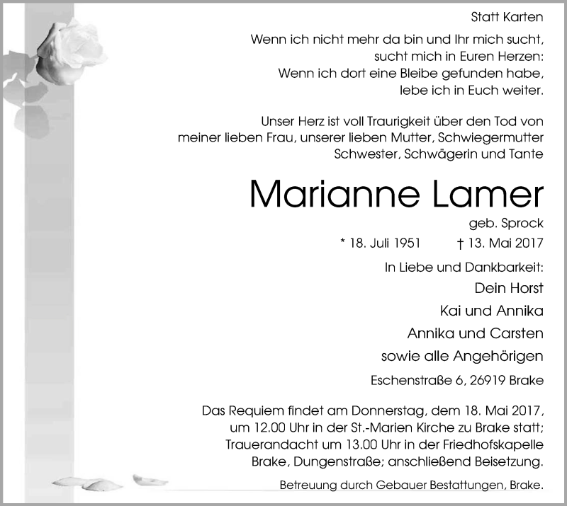  Traueranzeige für Marianne Lamer vom 15.05.2017 aus Nordwest-Zeitung