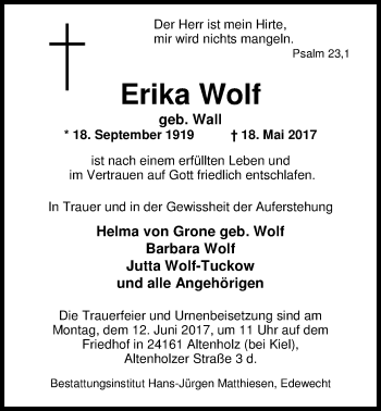Traueranzeige von Erika Wolf von Nordwest-Zeitung